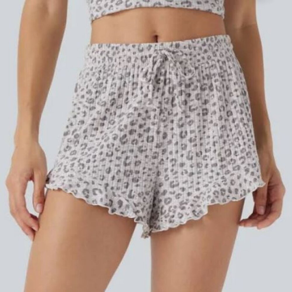 Halara Mid Rise Drawstring Ruffle Hem Leopard Print Lounge Shorts